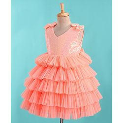 Babyhug Sleeveless Sequinned Tiered Party Frock with Bow Applique - Peach