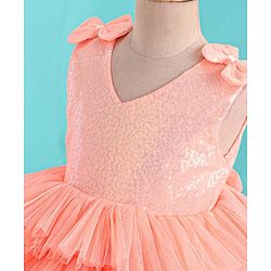 Babyhug Sleeveless Sequinned Tiered Party Frock with Bow Applique - Peach