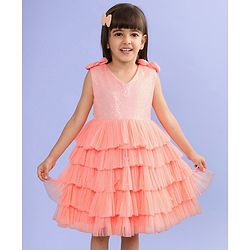 Babyhug Sleeveless Sequinned Tiered Party Frock with Bow Applique - Peach