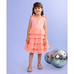 Babyhug Sleeveless Sequinned Tiered Party Frock with Bow Applique - Peach