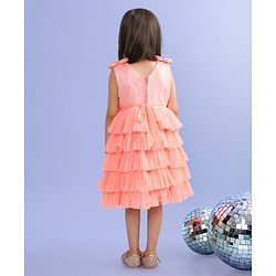 Babyhug Sleeveless Sequinned Tiered Party Frock with Bow Applique - Peach