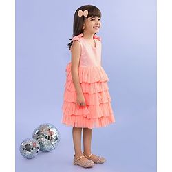 Babyhug Sleeveless Sequinned Tiered Party Frock with Bow Applique - Peach