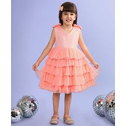 Babyhug Sleeveless Sequinned Tiered Party Frock with Bow Applique - Peach