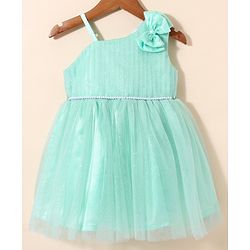 Babyhug Sleeveless Party Frock With Bow Applique & Glitter Detailing - Mint