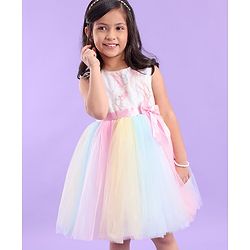 Babyhug Sleeveless Sequin Embroidered Yoke Party Frock With Bow Applique- Pink & Blue