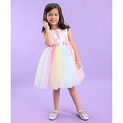 Babyhug Sleeveless Sequin Embroidered Yoke Party Frock With Bow Applique- Pink & Blue