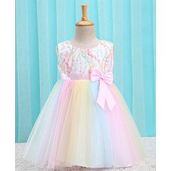 Babyhug Sleeveless Sequin Embroidered Yoke Party Frock With Bow Applique- Pink & Blue