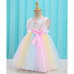 Babyhug Sleeveless Sequin Embroidered Yoke Party Frock With Bow Applique- Pink & Blue