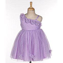 Babyhug Sleeveless One Shoulder Party Frock With Floral Corsage & Glitter Detailing - Lavender