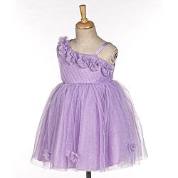 Babyhug Sleeveless One Shoulder Party Frock With Floral Corsage & Glitter Detailing - Lavender