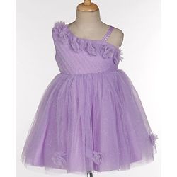 Babyhug Sleeveless One Shoulder Party Frock With Floral Corsage & Glitter Detailing - Lavender