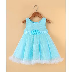 Babyhug Sleeveless  Swiss Dot Design Party Dress with Floral Corsage - Light Blue