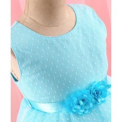Babyhug Sleeveless  Swiss Dot Design Party Dress with Floral Corsage - Light Blue