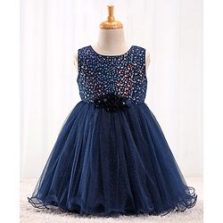 Babyhug Sleeveless Sequinned Party Frock With Floral Corsage- Navy Blue