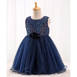 Babyhug Sleeveless Sequinned Party Frock With Floral Corsage- Navy Blue