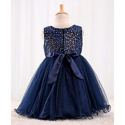 Babyhug Sleeveless Sequinned Party Frock With Floral Corsage- Navy Blue