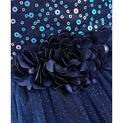 Babyhug Sleeveless Sequinned Party Frock With Floral Corsage- Navy Blue
