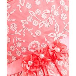 Babyhug Sleeveless Party Frock With Floral Foil Embroidery & Corsage- Peach