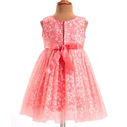 Babyhug Sleeveless Party Frock With Floral Foil Embroidery & Corsage- Peach