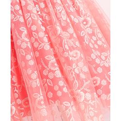 Babyhug Sleeveless Party Frock With Floral Foil Embroidery & Corsage- Peach