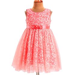 Babyhug Sleeveless Party Frock With Floral Foil Embroidery & Corsage- Peach