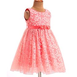 Babyhug Sleeveless Party Frock With Floral Foil Embroidery & Corsage- Peach
