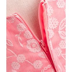 Babyhug Sleeveless Party Frock With Floral Foil Embroidery & Corsage- Peach