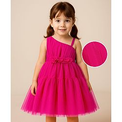 Babyhug Mesh Sleeveless Solid Party Frock With Floral Corsage- Hot Pink