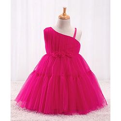 Babyhug Mesh Sleeveless Solid Party Frock With Floral Corsage- Hot Pink