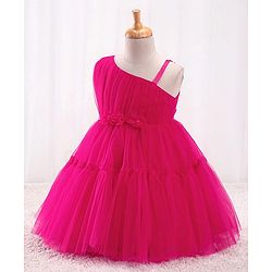 Babyhug Mesh Sleeveless Solid Party Frock With Floral Corsage- Hot Pink