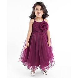 Babyhug Woven Singlet Sleeves Mesh Party Dress with Floral Corsage - Aubergine