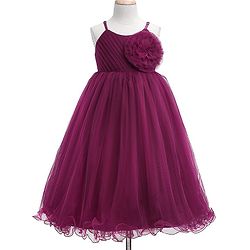 Babyhug Woven Singlet Sleeves Mesh Party Dress with Floral Corsage - Aubergine
