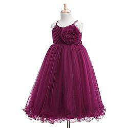 Babyhug Woven Singlet Sleeves Mesh Party Dress with Floral Corsage - Aubergine