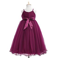 Babyhug Woven Singlet Sleeves Mesh Party Dress with Floral Corsage - Aubergine
