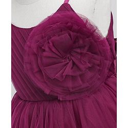 Babyhug Woven Singlet Sleeves Mesh Party Dress with Floral Corsage - Aubergine