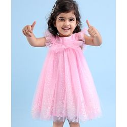 Babyhug Sleeveless Party Frock With Floral Embroidery & Glitter Gel Print- Pink