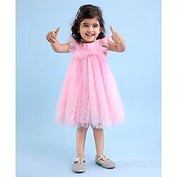 Babyhug Sleeveless Party Frock With Floral Embroidery & Glitter Gel Print- Pink