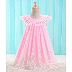 Babyhug Sleeveless Party Frock With Floral Embroidery & Glitter Gel Print- Pink