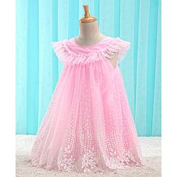 Babyhug Sleeveless Party Frock With Floral Embroidery & Glitter Gel Print- Pink