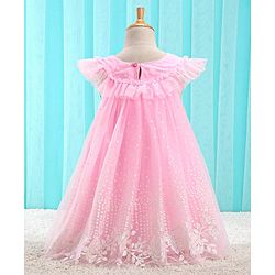 Babyhug Sleeveless Party Frock With Floral Embroidery & Glitter Gel Print- Pink