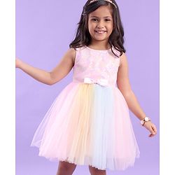 Babyhug Sleeveless Party Dress with Floral Sequins & Bow Corsage - Pink & Yellow