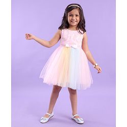 Babyhug Sleeveless Party Dress with Floral Sequins & Bow Corsage - Pink & Yellow