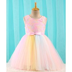Babyhug Sleeveless Party Dress with Floral Sequins & Bow Corsage - Pink & Yellow