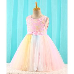Babyhug Sleeveless Party Dress with Floral Sequins & Bow Corsage - Pink & Yellow