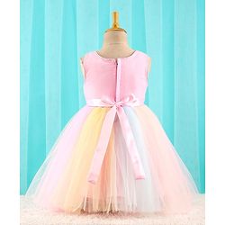 Babyhug Sleeveless Party Dress with Floral Sequins & Bow Corsage - Pink & Yellow