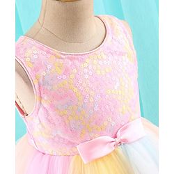 Babyhug Sleeveless Party Dress with Floral Sequins & Bow Corsage - Pink & Yellow