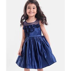 Babyhug Sleeveless Satin Party Dress with Floral Applique & Ribbon Detailing - Navy