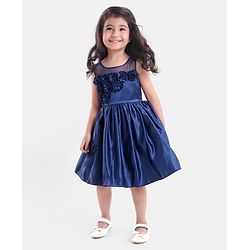 Babyhug Sleeveless Satin Party Dress with Floral Applique & Ribbon Detailing - Navy