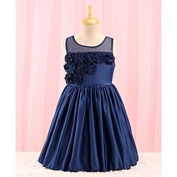 Babyhug Sleeveless Satin Party Dress with Floral Applique & Ribbon Detailing - Navy