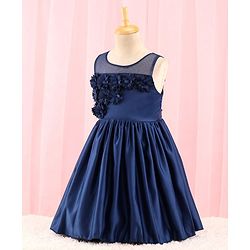 Babyhug Sleeveless Satin Party Dress with Floral Applique & Ribbon Detailing - Navy